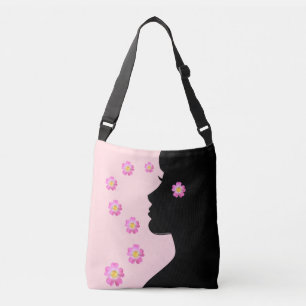 Sac Ajustable Silhouette de femme moderne et fleurs sur fond ros