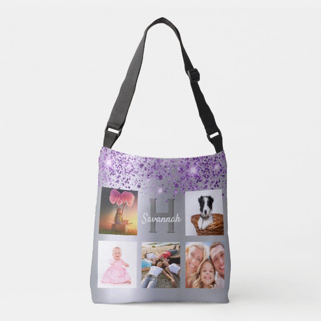 Sac Ajustable Silver purple glitter photo collage name (Devant)