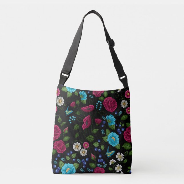 Sac Ajustable Style folk brodé rose bleu floral noir (Devant)