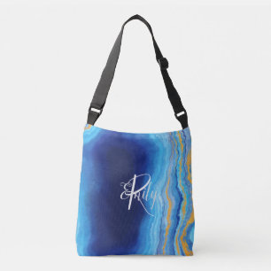 Sac Ajustable Turquoise et bleu Agate Marbre Nom Abstrait Monogr