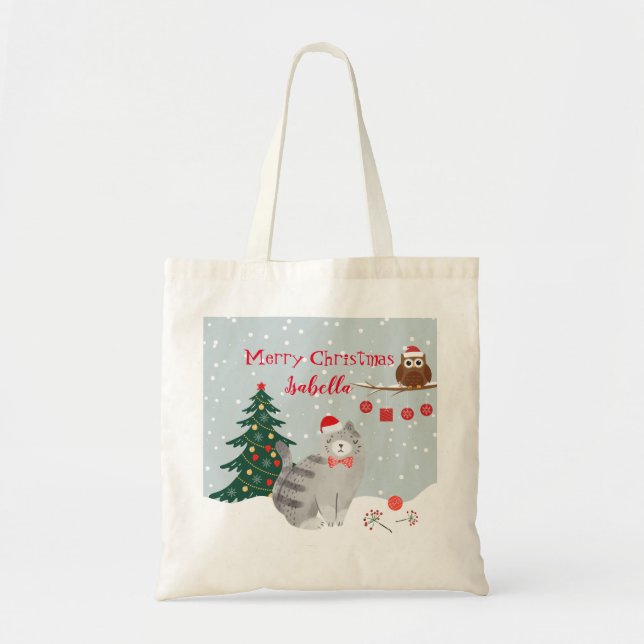Sac au décor hivernal. Chat mignon et hibou. (Devant)
