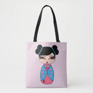Sac bleu tote Kokeshi
