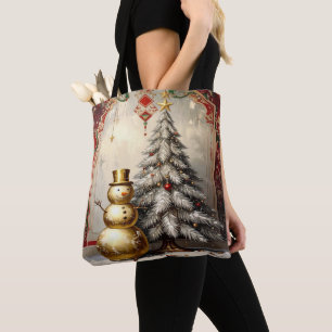 Sac cabas de Noël bonhomme de neige doré arbre de