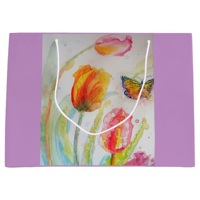 Sac Cadeau Aquarelle Fleurie Tulipe Rose (Devant)