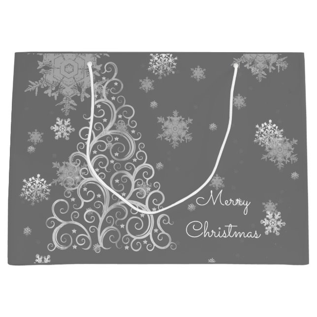 Sac cadeau Arbre de Noël en argent et Snowflakes (Devant)