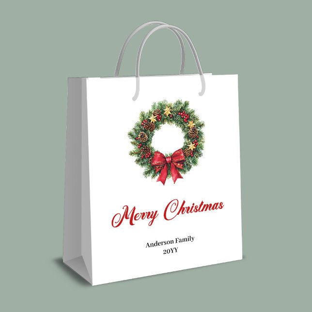 Sac cadeau avec étiquette personnalisée de couronn (Festive Christmas wreath gift bag personalized tag)