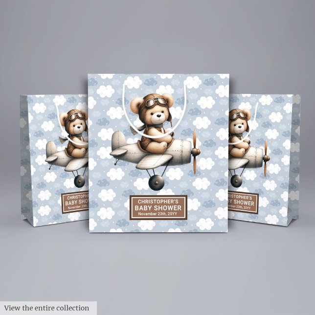 Sac Cadeau Baby shower Garçon Avec Design Ours Vol (Boy Baby Shower Gift Bag With Flying Bear Design)
