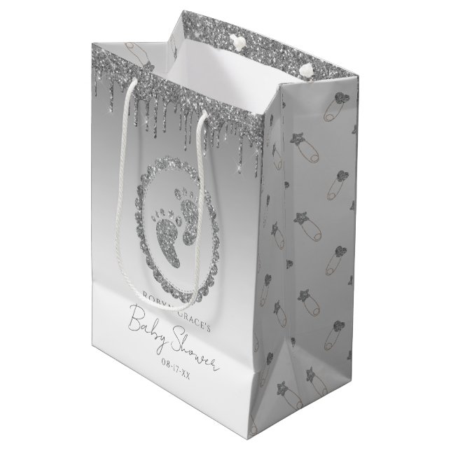 Sac cadeau Baby shower Parties scintillant argent (Devant Angle)