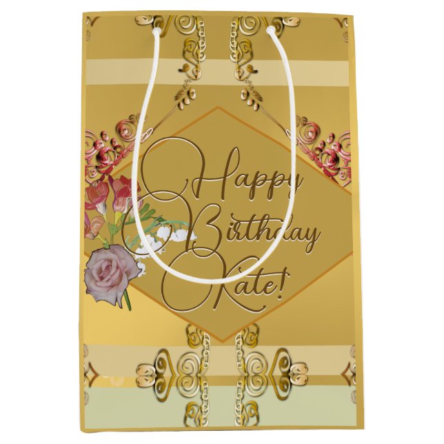 Sac cadeau d'anniversaire Floral doré (Devant)