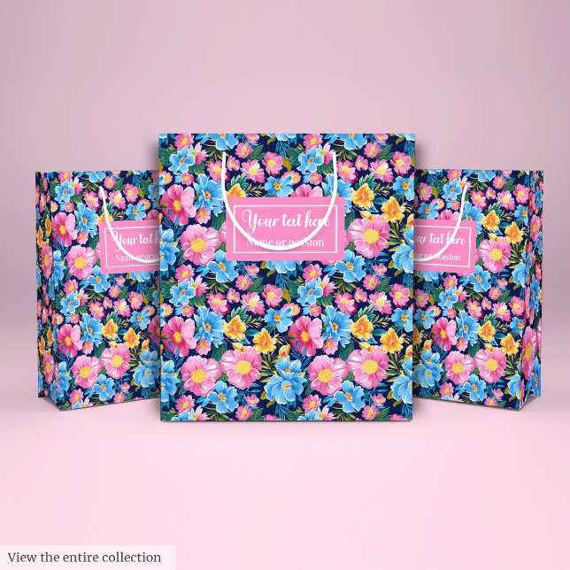 Sac cadeau d'anniversaire rose pastel et bleu flor (Chic pastel pink and blue floral birthday gift bag)