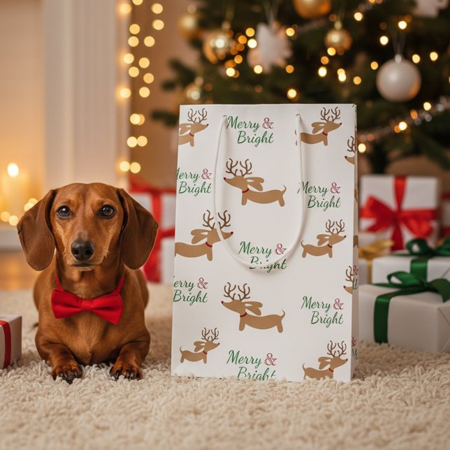Sac cadeau de Noël Dachshund Reindeer Joyeux Doxie (Wiener dog Christmas gift bag - Merry & Bright)