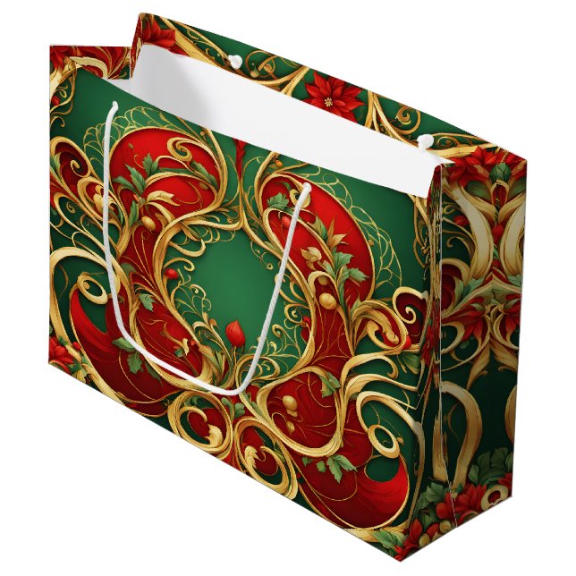 Sac cadeau de Noël Floral Vert Rouge (Devant Angle)