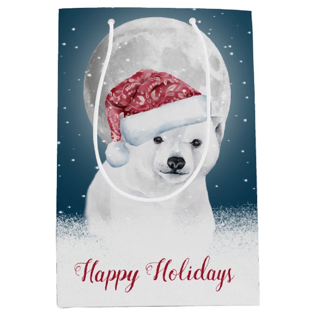 Sac cadeau de Noël Ours polaire et Lune moyen (Devant)