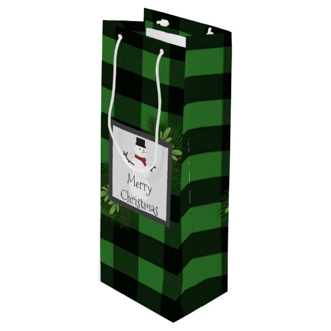 Sac cadeau de vin de Snowman Green Buffalo (Devant Angle)