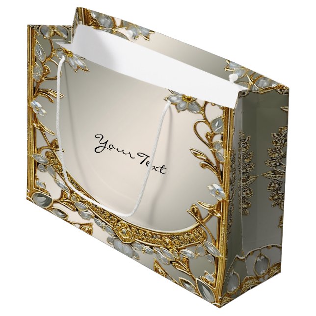 Sac Cadeau Fleuris Blanc Orné Doré (Devant Angle)