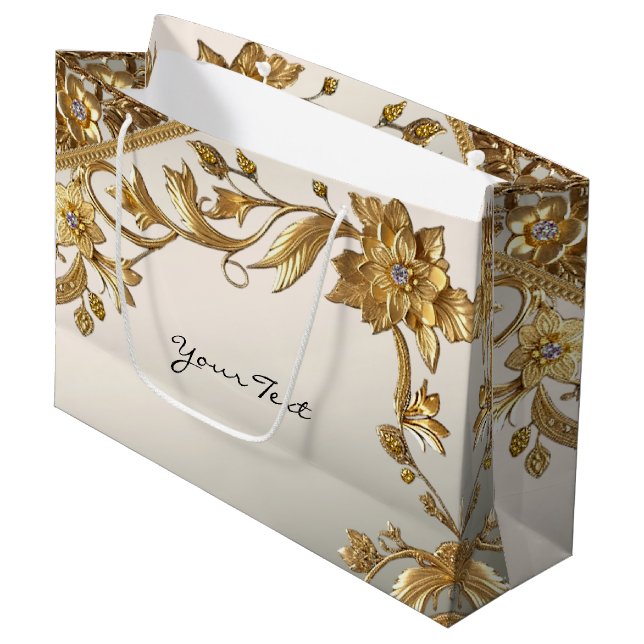 Sac Cadeau Floral à Feuilles Ondulées Dorées (Devant Angle)