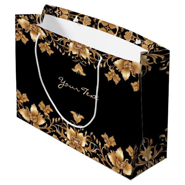 Sac Cadeau Floral Orné Or Et Noir (Dos Angle)