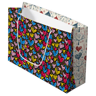 Sac cadeau grand format à coeurs et arbres d'hiver