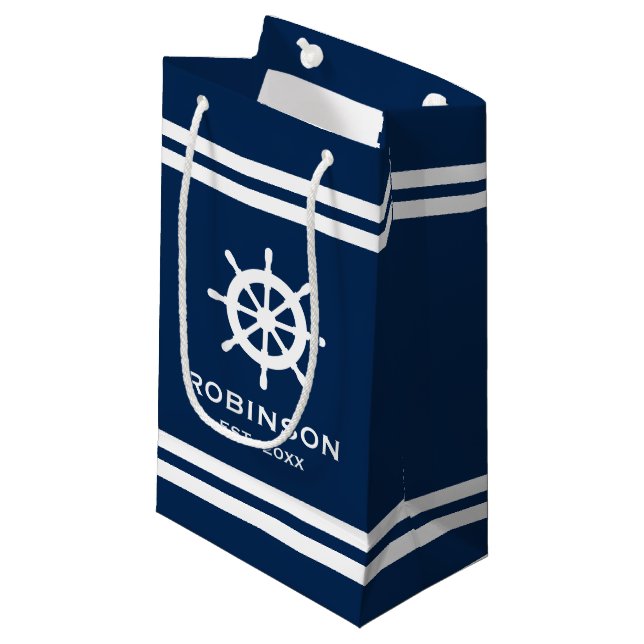 Sac cadeau mariage bleu marine marine et blanc ray (Devant Angle)
