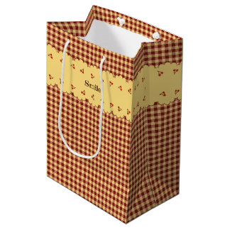 SAC CADEAU MOYEN 文字 カスタマイズ チェリー チェック ブラウン ミディアムペーパーバッグ