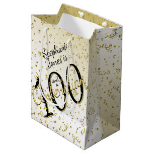 Sac Cadeau Moyen 100 ans Centenaire Anniversaire Noir/Or Texte