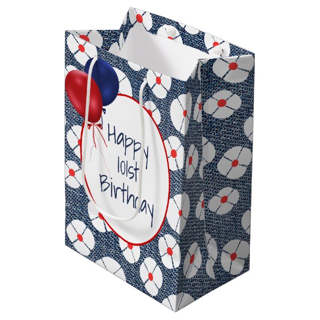 Sac Cadeau Moyen 101e anniversaire Ballons sur Denim floral (Devant Angle)