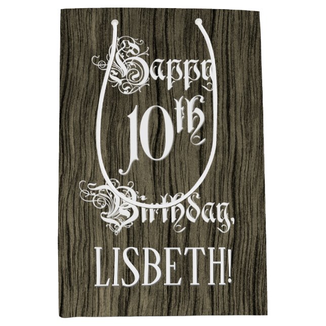 Sac Cadeau Moyen 10e anniversaire : Fancy, Faux Wood Look + Custom  (Devant)