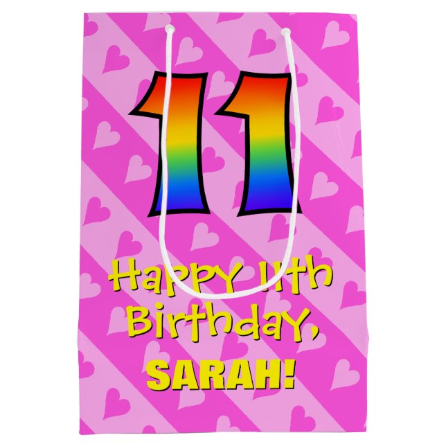 Sac Cadeau Moyen 11e anniversaire : Des Coeurs roses amusants; Arc- (Dos)