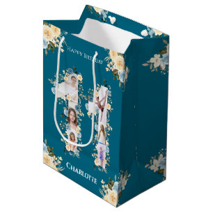 Sac Cadeau Moyen 11e anniversaire Photo Collage Turquoise Fleur Jau