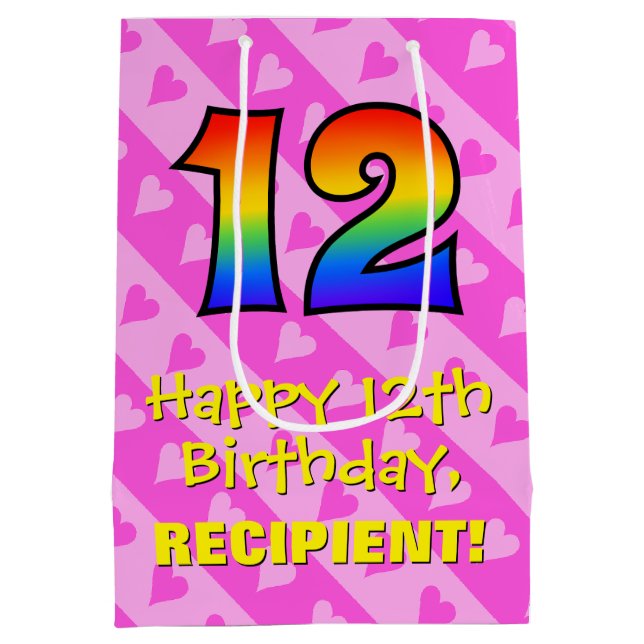 Sac Cadeau Moyen 12e anniversaire : Amusants Coeurs roses Stripes;  (Dos)