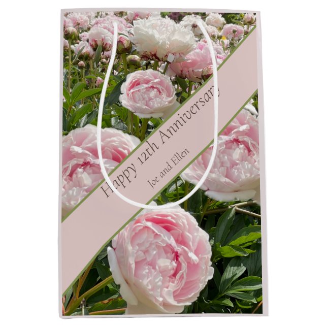 Sac Cadeau Moyen 12e anniversaire du Mariage, fleur de pivoine (Devant)