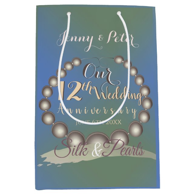 Sac Cadeau Moyen 12e anniversaire du Mariage Perles noires (Devant)