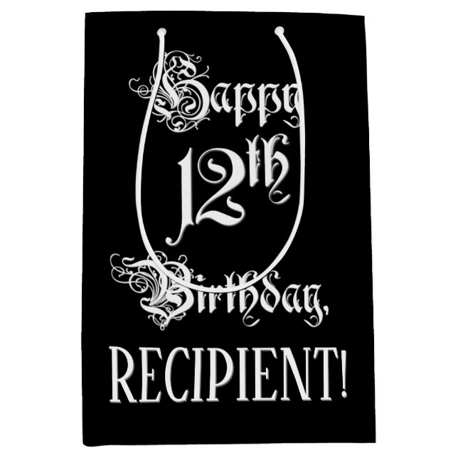 Sac Cadeau Moyen 12e anniversaire : Fancy, Elegant Script + Nom per (Devant)