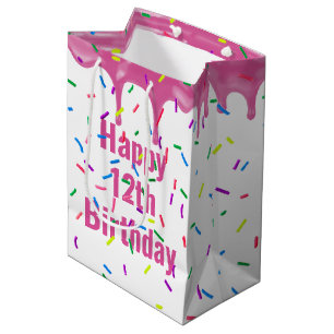 Sac Cadeau Moyen 12e Anniversaire Saupoudré Sur Glacé Rose