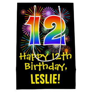 Sac Cadeau Moyen 12ème anniversaire : Fun Motif feux d'artifice + A