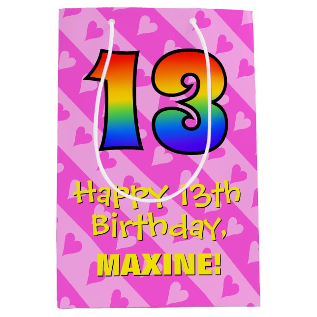 Sac Cadeau Moyen 13e anniversaire : Amusants Coeurs roses Stripes;  (Devant)