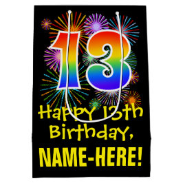 Sac Cadeau Moyen 13e anniversaire : motif de feux d'artifice amusan