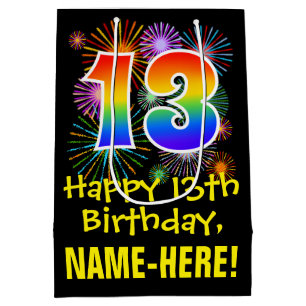 Sac Cadeau Moyen 13e anniversaire : motif de feux d'artifice amusan