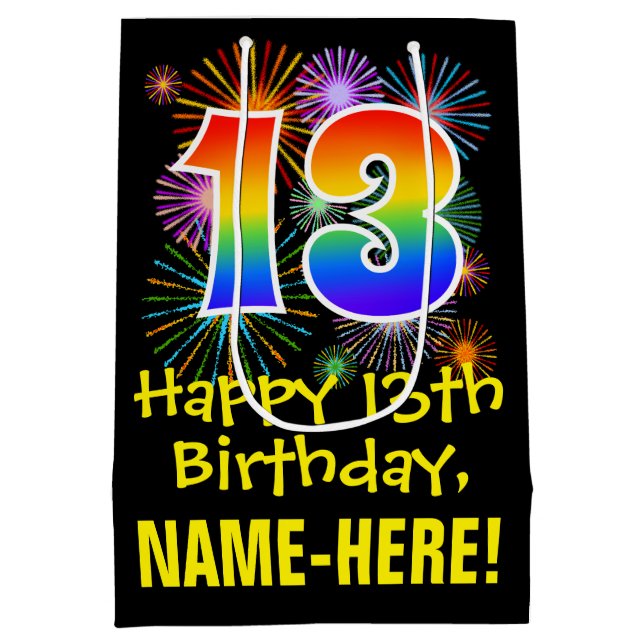Sac Cadeau Moyen 13e anniversaire : motif de feux d'artifice amusan (Dos)