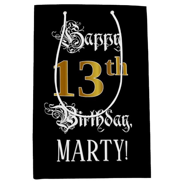 Sac Cadeau Moyen 13e anniversaire ~ Script fantaisie; Faux Gold Loo (Devant)