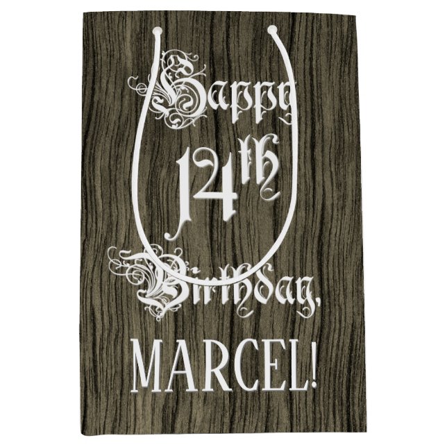 Sac Cadeau Moyen 14e anniversaire : fantaisie, Faux Wood Look + Nom (Devant)