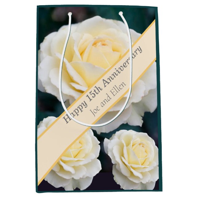 Sac Cadeau Moyen 15e anniversaire du Mariage, Rose (Devant)