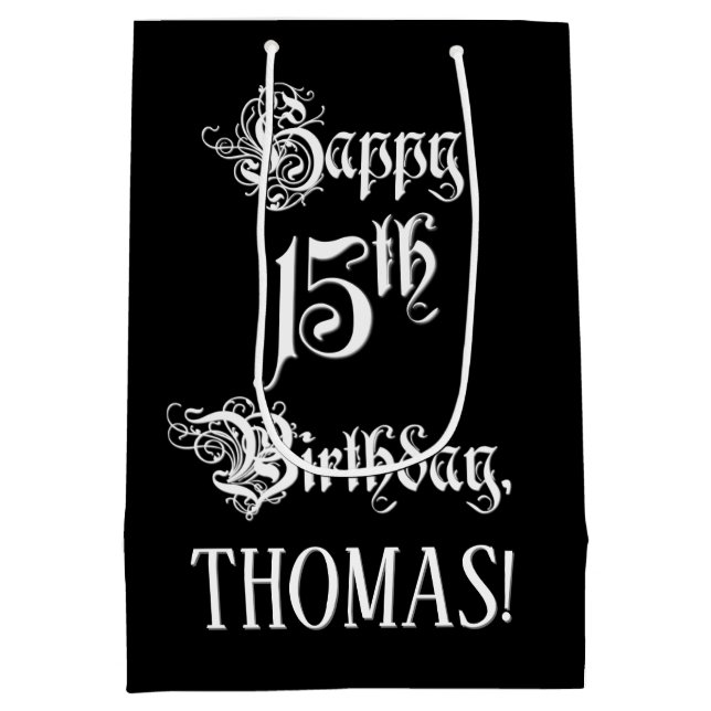 Sac Cadeau Moyen 15e anniversaire : Fancy, Elegant Script + Nom per (Dos)