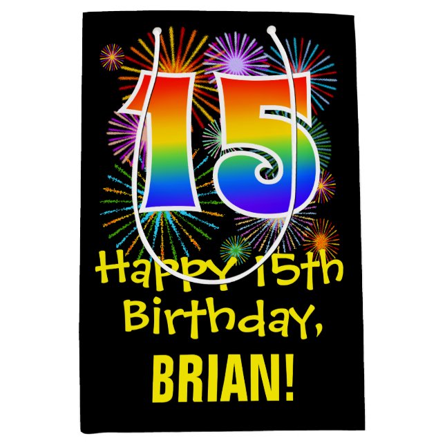 Sac Cadeau Moyen 15e anniversaire : Fun Motif feux d'artifice + Arc (Devant)