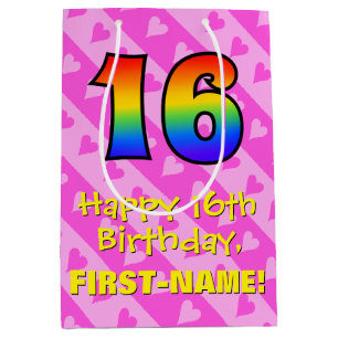 Sac Cadeau Moyen 16e anniversaire : Amusants Coeurs roses Stripes; 