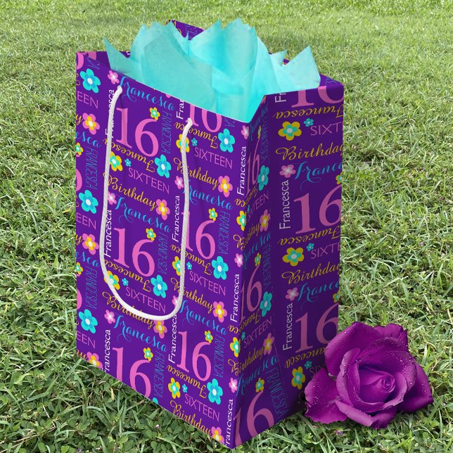 Sac Cadeau Moyen 16e anniversaire aqua rose violet jaune (Créateur téléchargé)