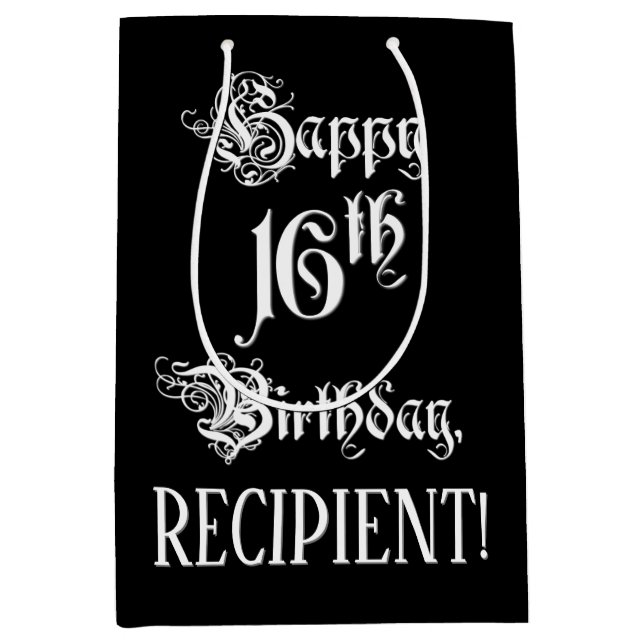 Sac Cadeau Moyen 16e anniversaire : fantaisie, élégant script + Nom (Devant)