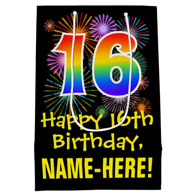 Sac Cadeau Moyen 16e anniversaire : Fun Motif feux d'artifice + Arc (Dos)