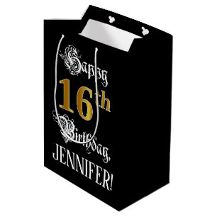 Sac Cadeau Moyen 16e anniversaire ~ Script fantaisie; Faux Gold Loo