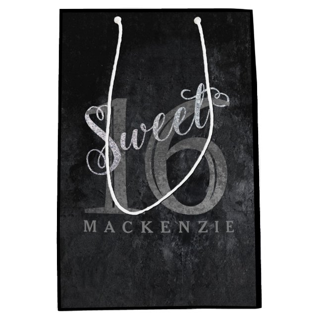 Sac Cadeau Moyen 16e Gris de charbon | Sweet 16 Parties scintillant (Devant)